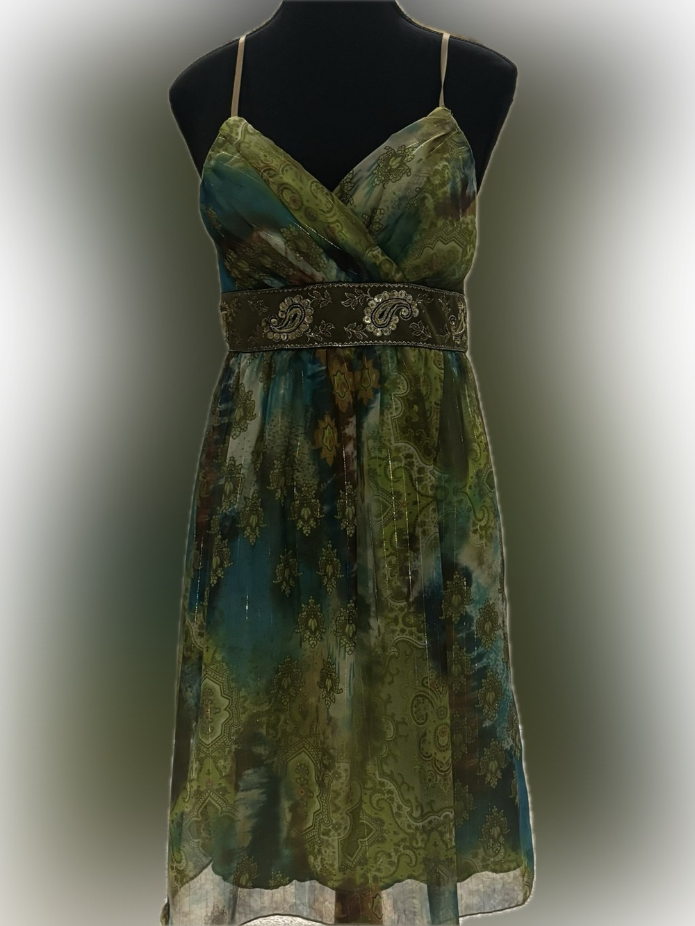 Love Tease Green & Teal Paisley Strapless Surplice Dress
